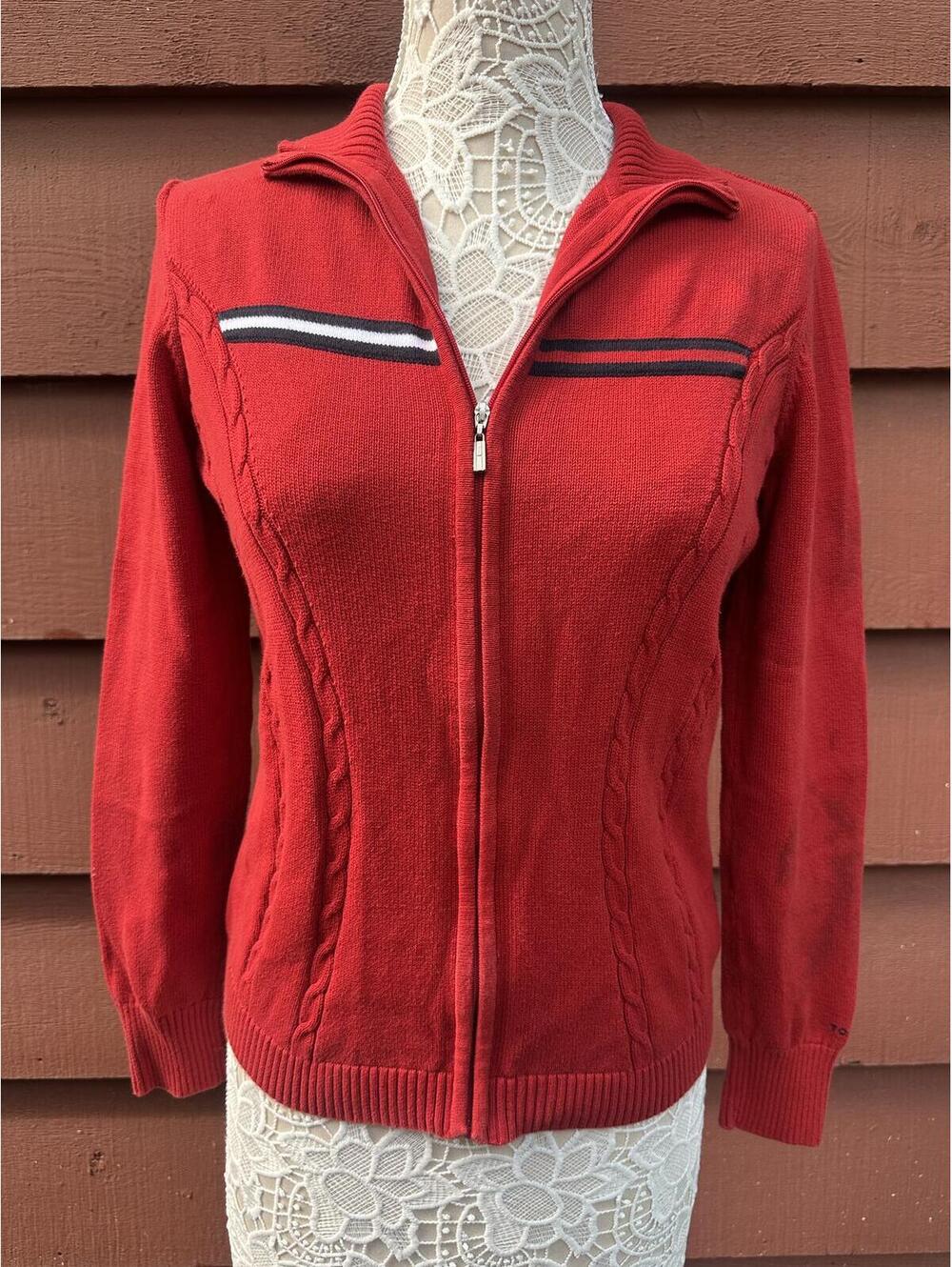 Tommy Hilfiger Red Zip Front‎ Knit Cardigan with Sporty Chest Stripe Y2K Retro